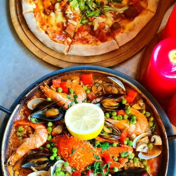 lamb pizza & seafood paella
