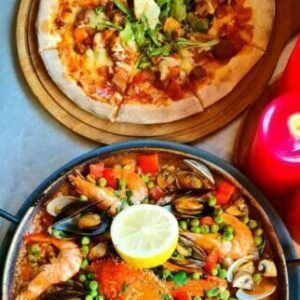 lamb pizza & seafood paella